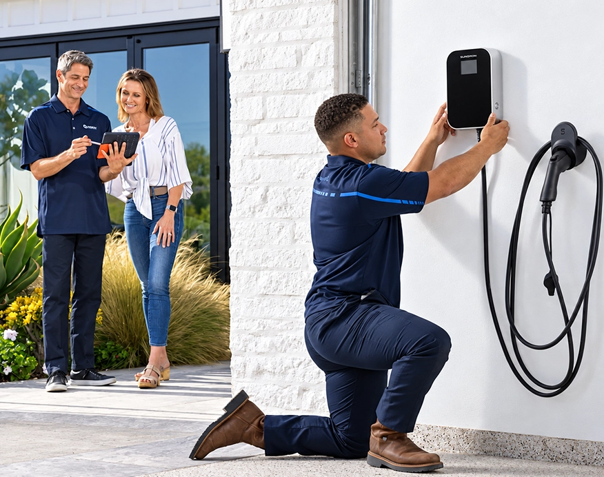 Electrician Installing EV Charger with Clients Observing Outside Home
