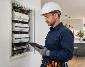 Electrician Assessing Electrical Panel For Upgrade Services In Lancaster, CA