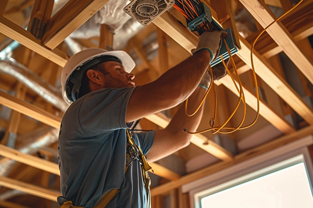 Electrician Installing Wiring in New Construction Building