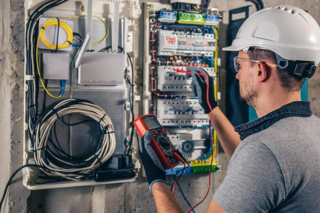 Electrician Using Multimeter on Electrical Panel for Repairs in Lancaster, CA