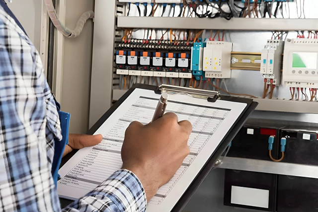 Electrician Checking Electrical Panel with Clipboard in Lancaster, CA