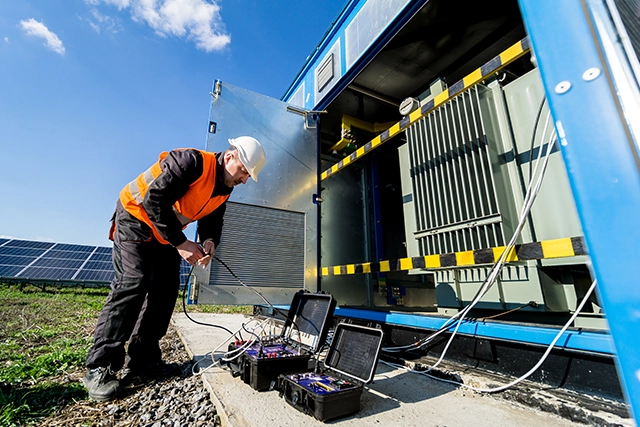 Electrician Inspecting Outdoor Generator Installation with Solar Panels Nearby