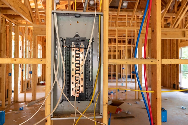 Exposed Wiring and Electrical Panel in New Construction Frame