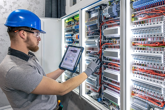 Electrician Lancaster, CA Inspecting Circuit Breaker Panel with Tablet