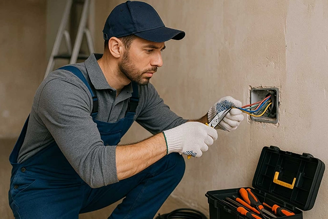 Electrician Installing Wires In Wall Socket With Tool Box Nearby