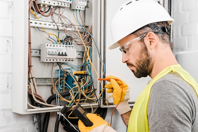 Electrician Inspecting Electrical Panel with Multimeter for Home Electrical Repair