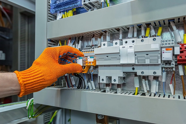 Electrician Wearing Orange Gloves Adjusting Electrical Panel Components