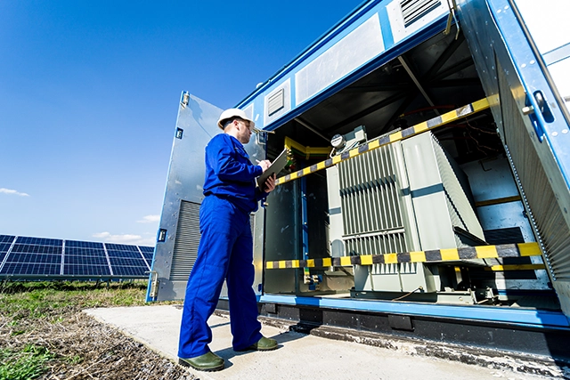 Electrician Inspecting Outdoor Electrical Panel Near Solar Panels